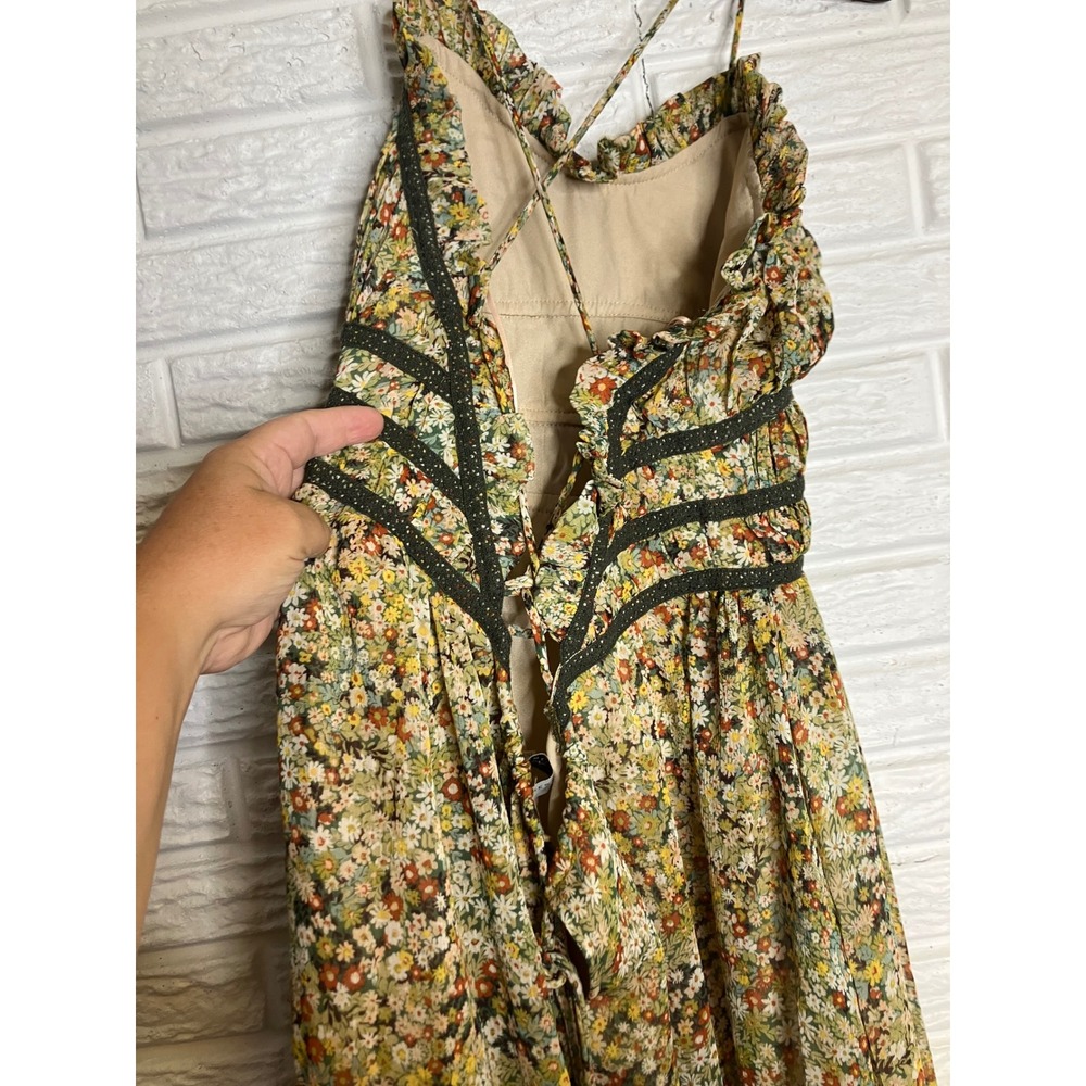 Dress Forum Mini Dress Womens S Green Floral Excellent Lace Up Ruffle FD11205 - Picture 7 of 11